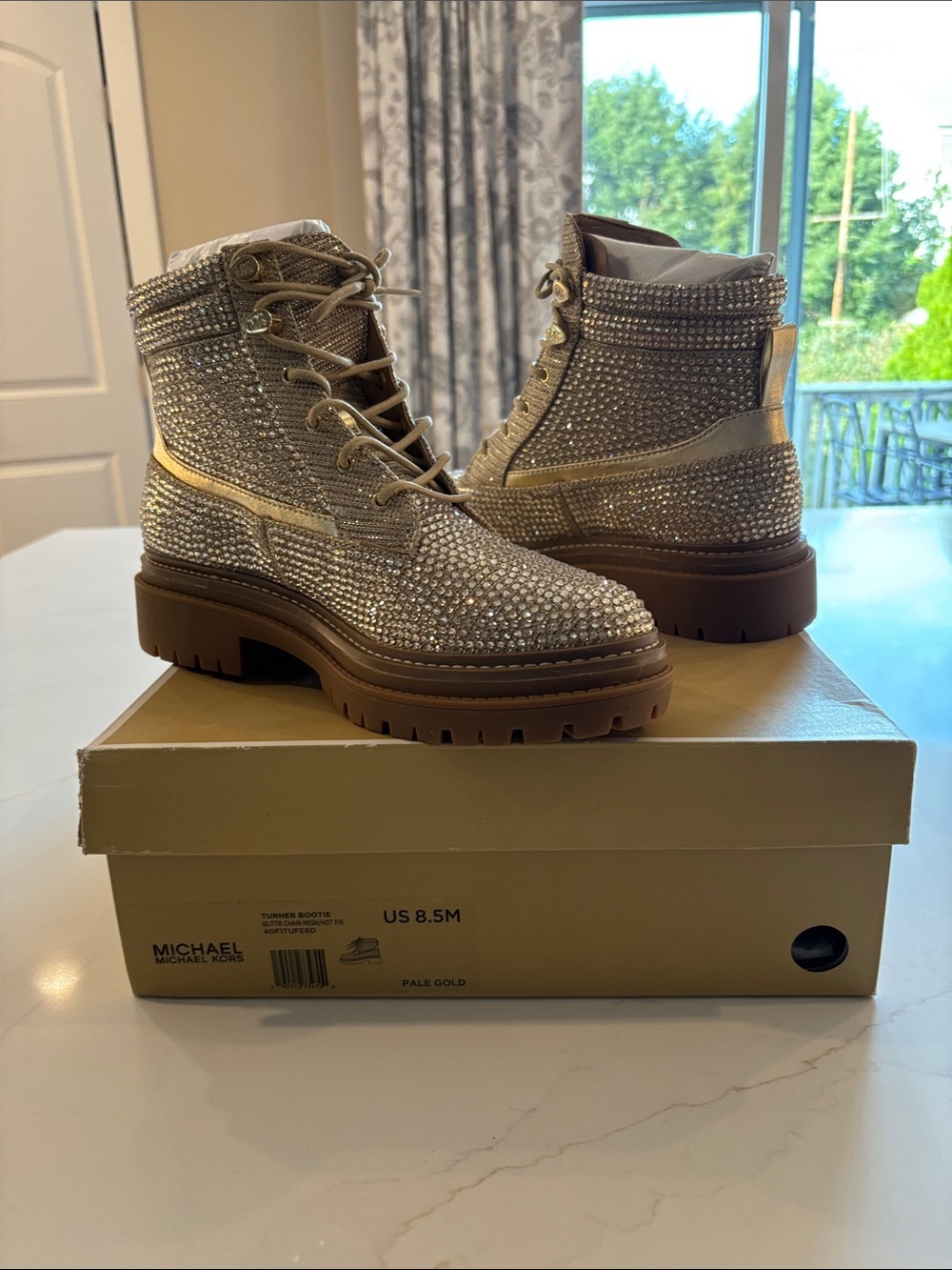 MICHAEL Michael Kors Pale Gold Crystal Lace-Up Combat Boots